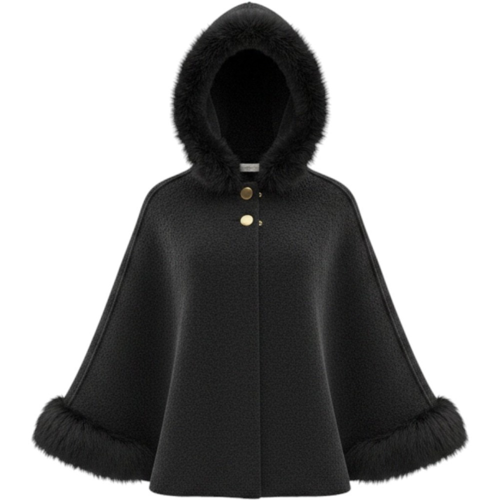 Bill Blass Signature Cape OS Black Wool Blend Faux Fur Trim Hooded Glam Elegant